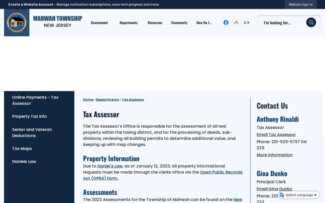 Mahwah residents directory assessor and OPRA access page